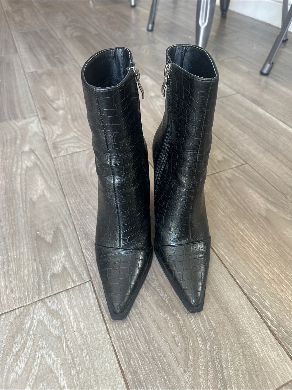 Black Croc-Embossed Pointed Toe Ankle Boots